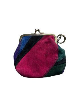 Vintage Multicolor Suede Coin Purse Kiss Lock Closure & Keyring Retro Patchwork